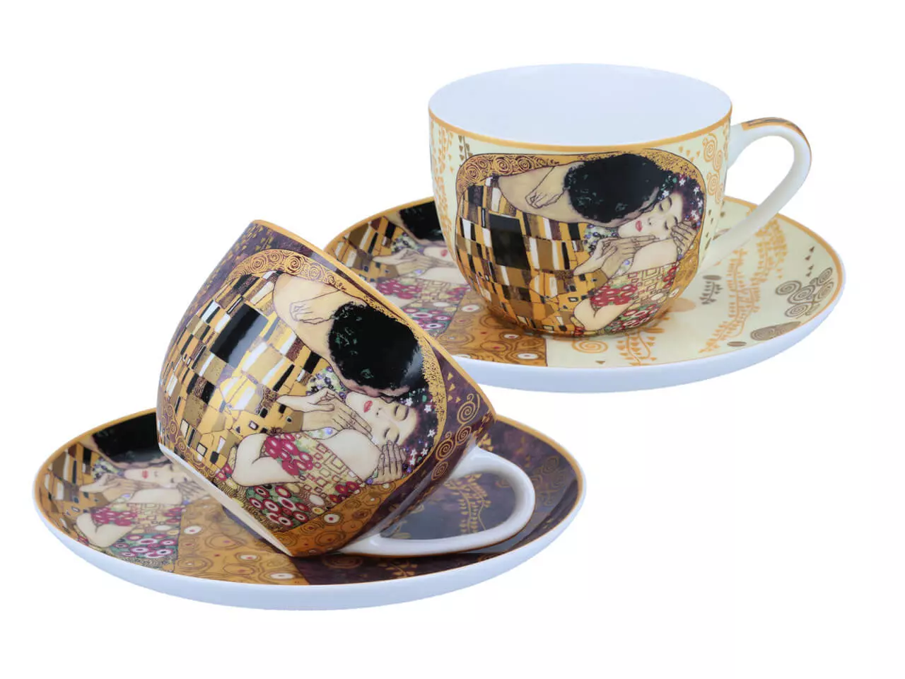 Kpl. 2 filiżanek ze spodkami - G. Klimt, Pocałunek (kremowe i brązowe tło, CARMANI)